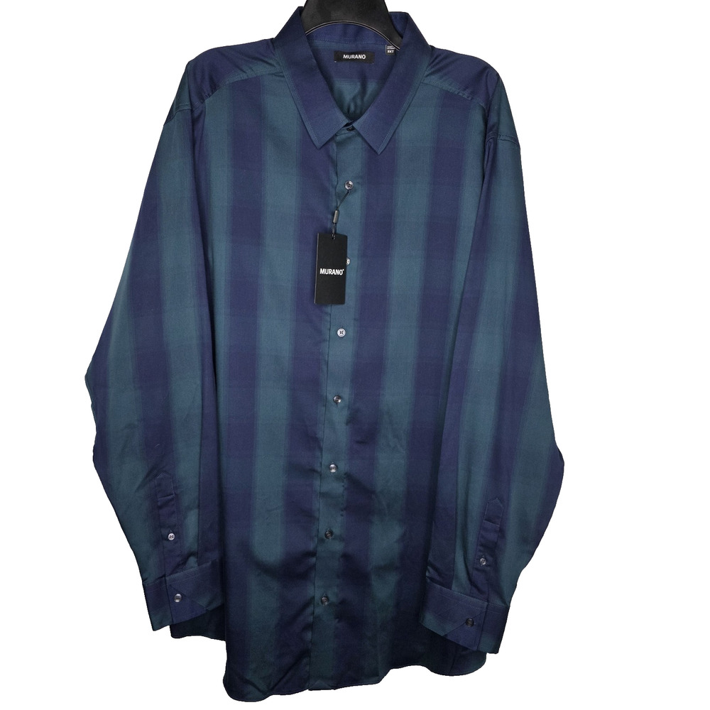 Murano Mens Long Sleeve Dress Shirt 3XT BIG Blue Green 100% Cotton Button Stripe
